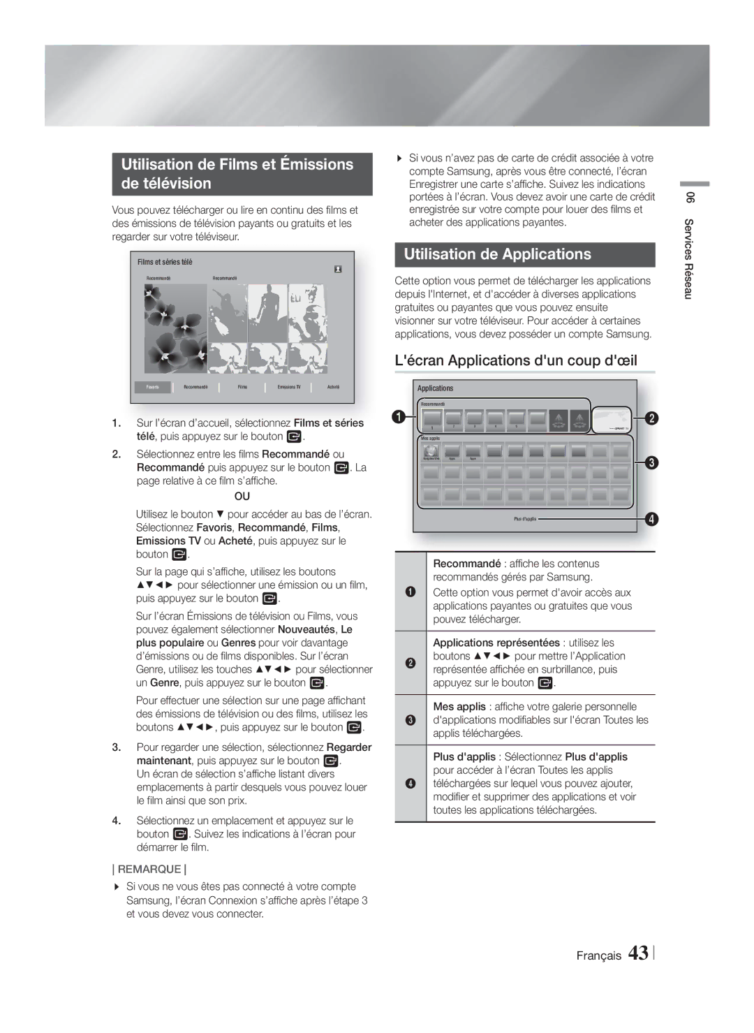 Samsung HT-F5550K/SJ manual Utilisation de Films et Émissions De télévision, Utilisation de Applications, Services Réseau 