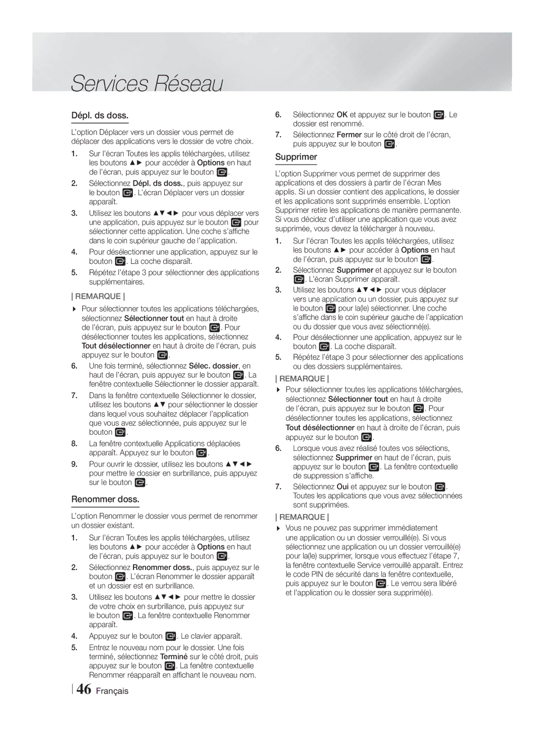 Samsung HT-F5550K/SJ manual Dépl. ds doss, Renommer doss, Supprimer 