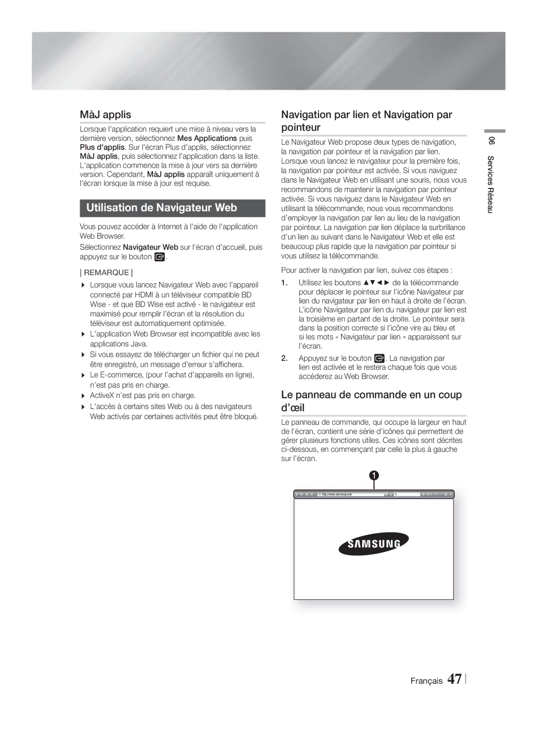 Samsung HT-F5550K/SJ manual MàJ applis, Utilisation de Navigateur Web, Navigation par lien et Navigation par pointeur 