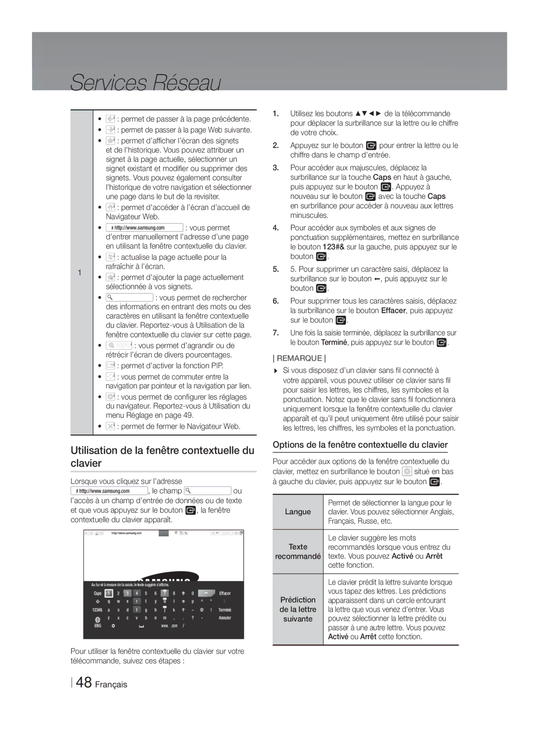 Samsung HT-F5550K/SJ Utilisation de la fenêtre contextuelle du clavier, Options de la fenêtre contextuelle du clavier 