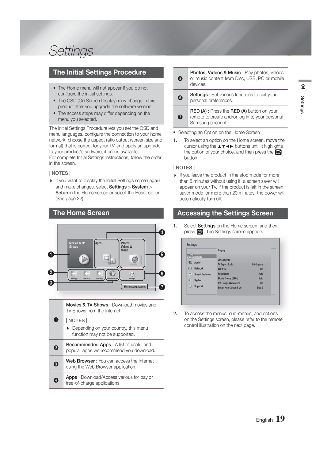 Samsung HT-F5550K/SJ manual Initial Settings Procedure, Home Screen 