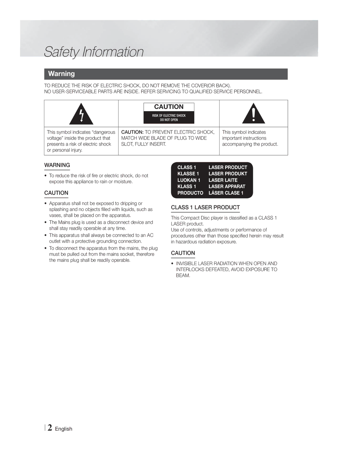 Samsung HT-F5550K/SJ manual Safety Information, English, Match Wide Blade of Plug to Wide, SLOT, Fully Insert 