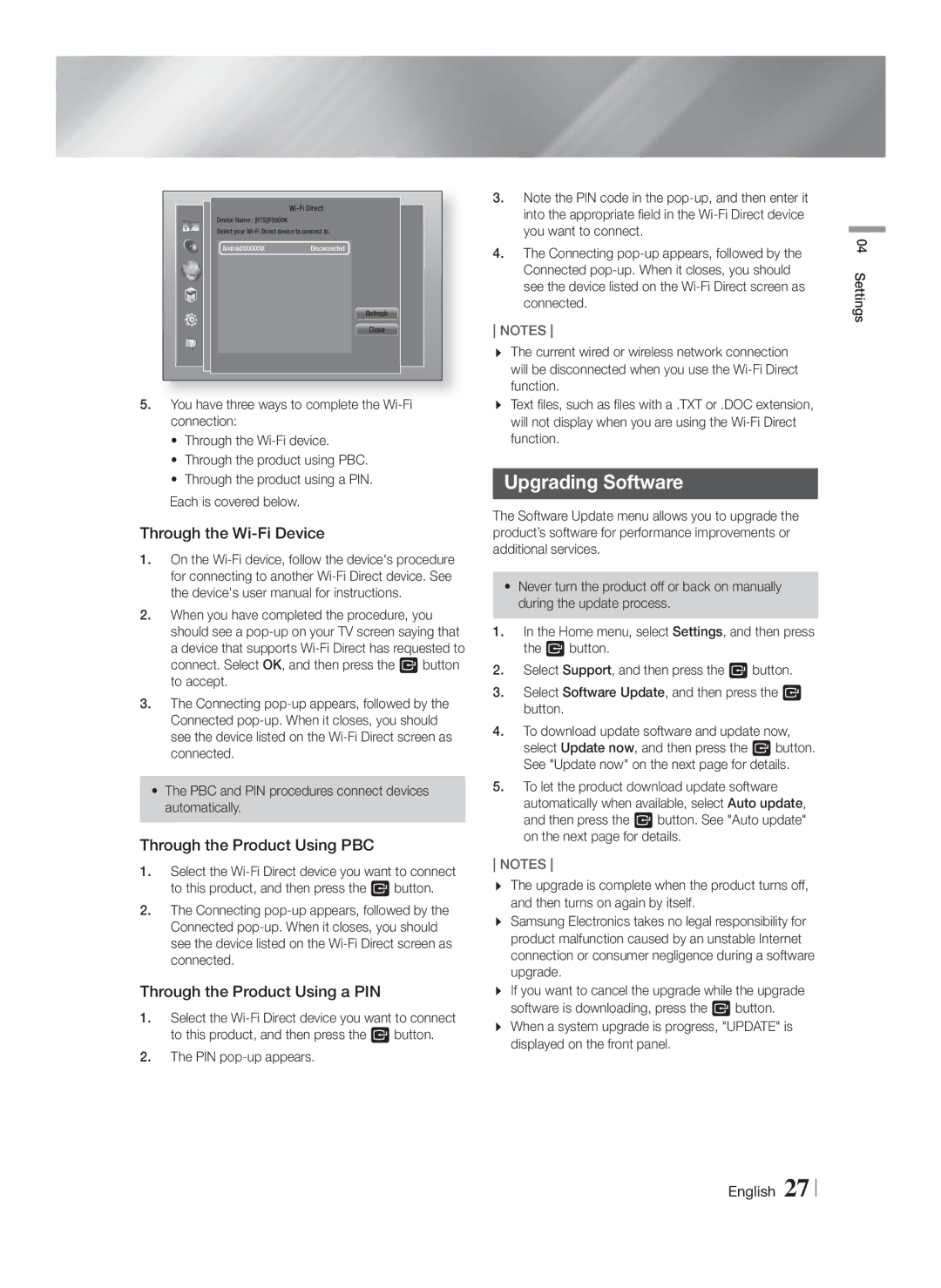 Samsung HT-F5550K/SJ manual Upgrading Software, Through the Wi-Fi Device, Through the Product Using PBC 