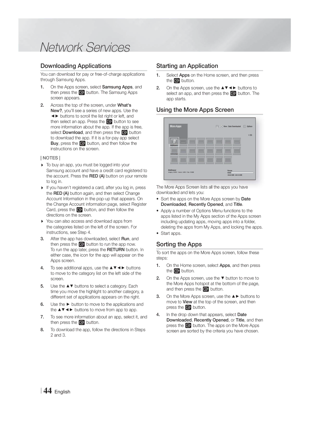 Samsung HT-F5550K/SJ manual Downloading Applications, Starting an Application, Using the More Apps Screen, Sorting the Apps 