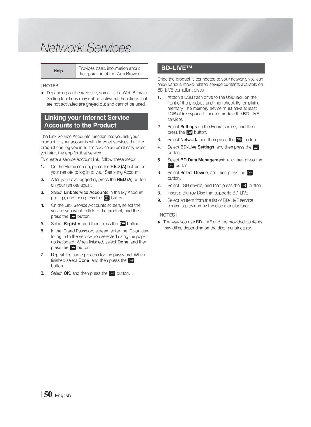 Samsung HT-F5550K/SJ manual Linking your Internet Service Accounts to the Product, Help Provides basic information about 