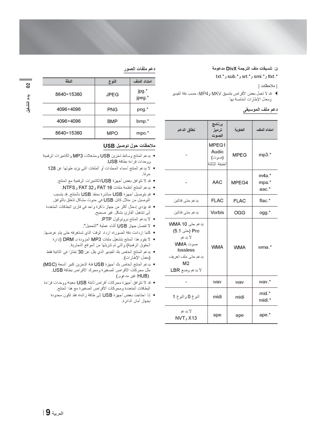 Samsung HT-F5550K/SJ manual Usb ﻝﻳﺻﻭﺗ ﻝﻭﺣ ﺕﺎﻅﺣﻼﻣ, ﻰﻘﻳﺳﻭﻣﻟﺍ ﻑﻠﻣ ﻡﻋﺩ, ﺔﻗﺩﻟﺍ ﻉﻭﻧﻟﺍ, ﺔﻣﻭﻋﺩﻣ DivX ﺔﻣﺟﺭﺗﻟﺍ ﻑﻠﻣ ﺕﺎﻘﻳﺳﻧﺗ 