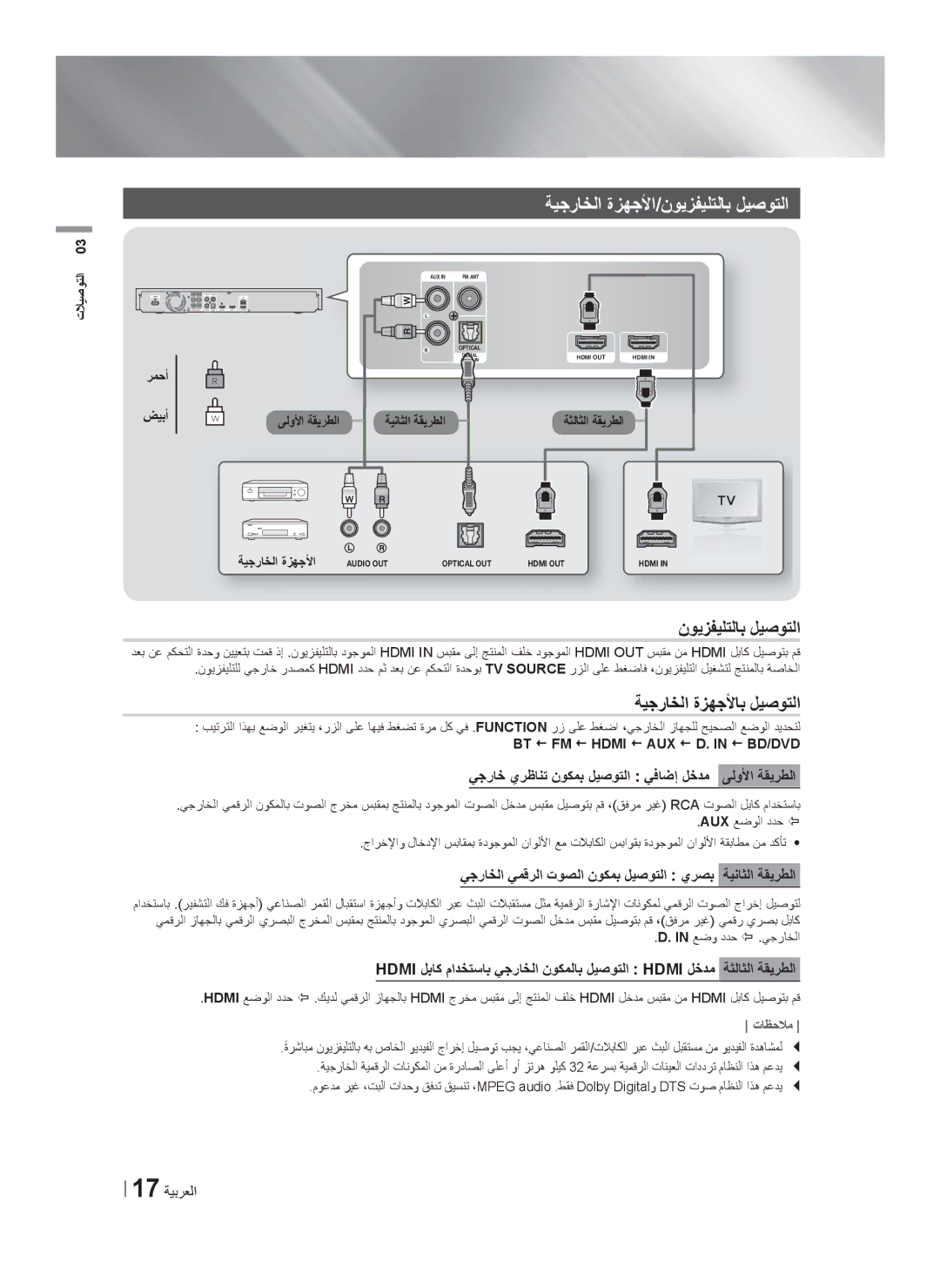 Samsung HT-F5550K/SJ manual ﺔﻳﺟﺭﺎﺧﻟﺍ ﺓﺯﻬﺟﻷﺍ/ﻥﻭﻳﺯﻔﻳﻠﺗﻟﺎﺑ ﻝﻳﺻﻭﺗﻟﺍ, ﺔﻳﺟﺭﺎﺧﻟﺍ ﺓﺯﻬﺟﻷﺎﺑ ﻝﻳﺻﻭﺗﻟﺍ 