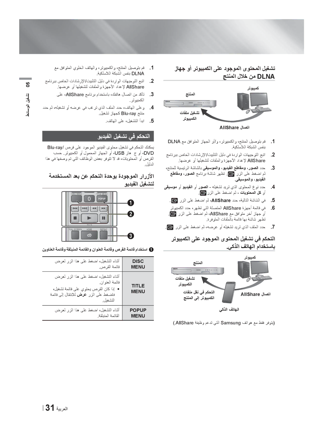 Samsung HT-F5550K/SJ manual ﻭﻳﺩﻳﻔﻟﺍ ﻝﻳﻐﺷﺗ ﻲﻓ ﻡﻛﺣﺗﻟﺍ, 31 ﺔﻳﺑﺭﻌﻟﺍ, ﺭﺗﻭﻳﺑﻣﻛ ﺞﺗﻧﻣﻟﺍ ﺕﺎﻔﻠﻣ ﻝﻳﻐﺷﺗ ﺭﺗﻭﻳﺑﻣﻛﻟﺍ AllShare ﻝﺎﺻﺗﺍ 