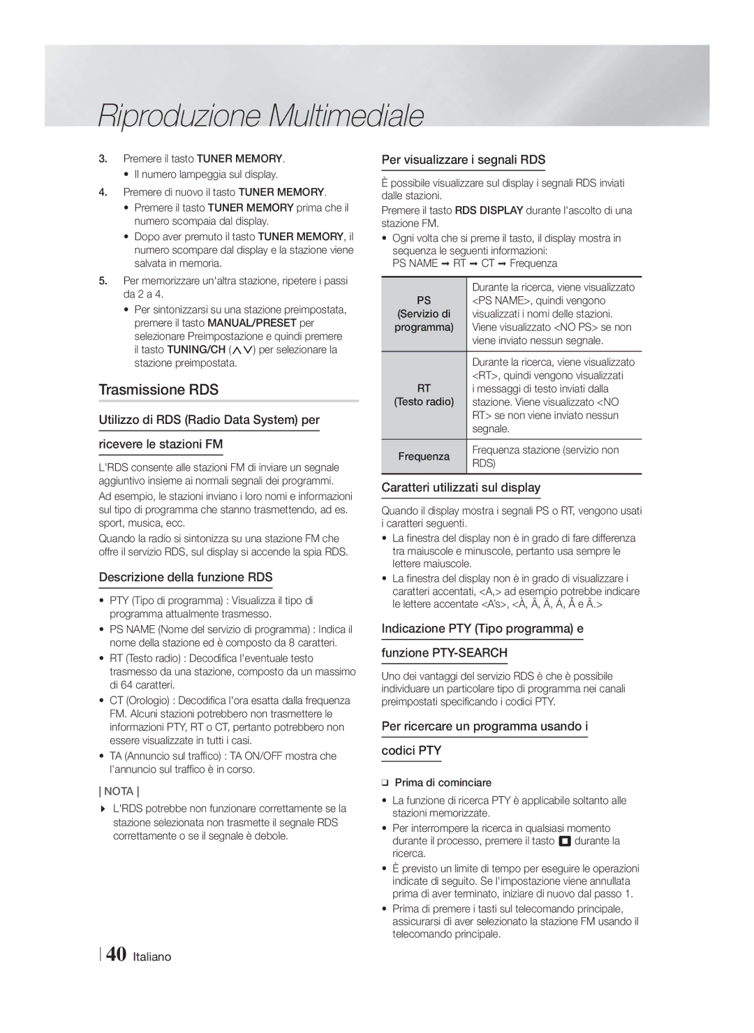 Samsung HT-F5500/ZF, HT-F5550/ZF, HT-F5530/ZF manual Trasmissione RDS 