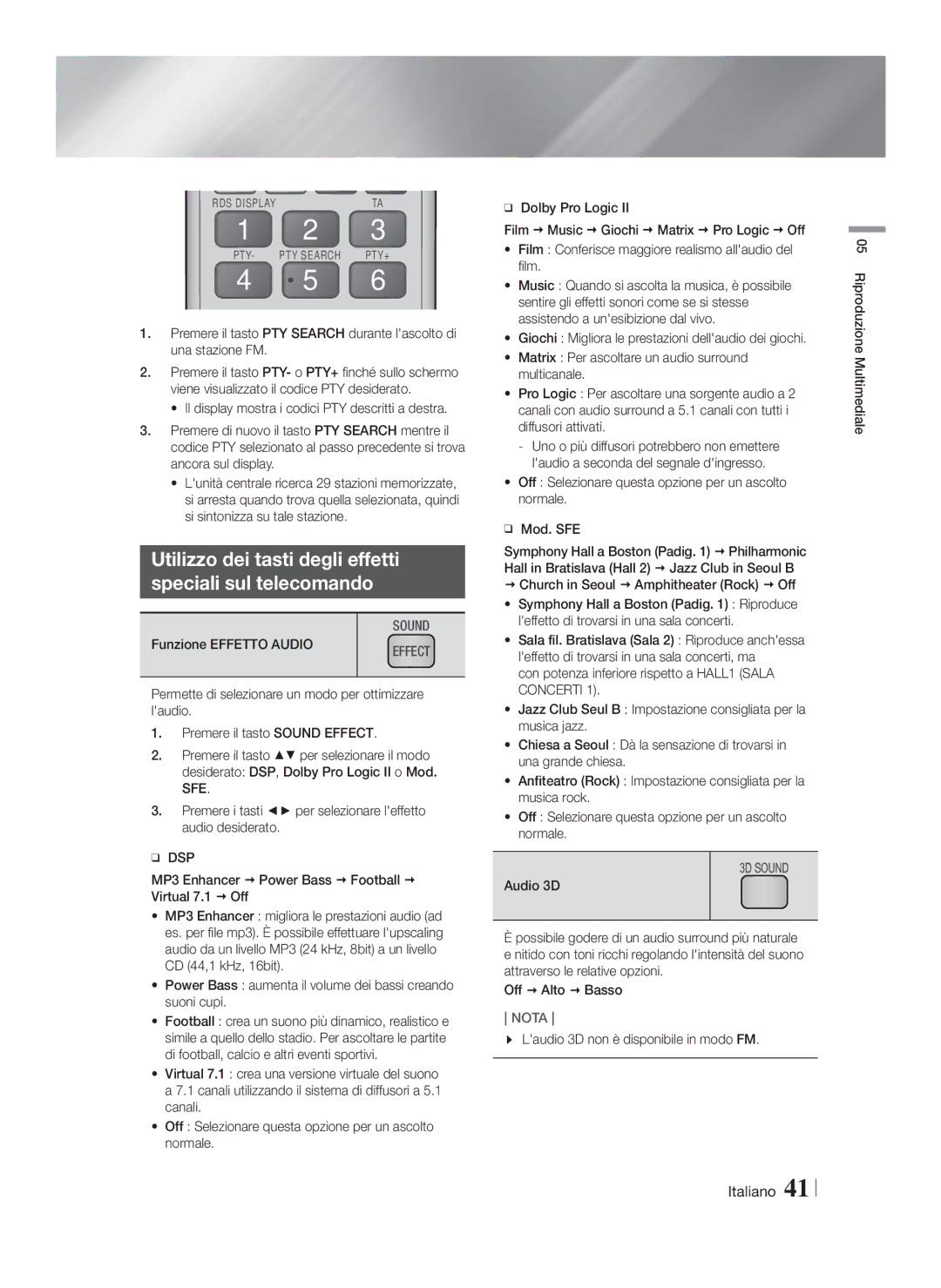 Samsung HT-F5530/ZF Utilizzo dei tasti degli effetti Speciali sul telecomando, Funzione Effetto Audio, Off  Alto  Basso 