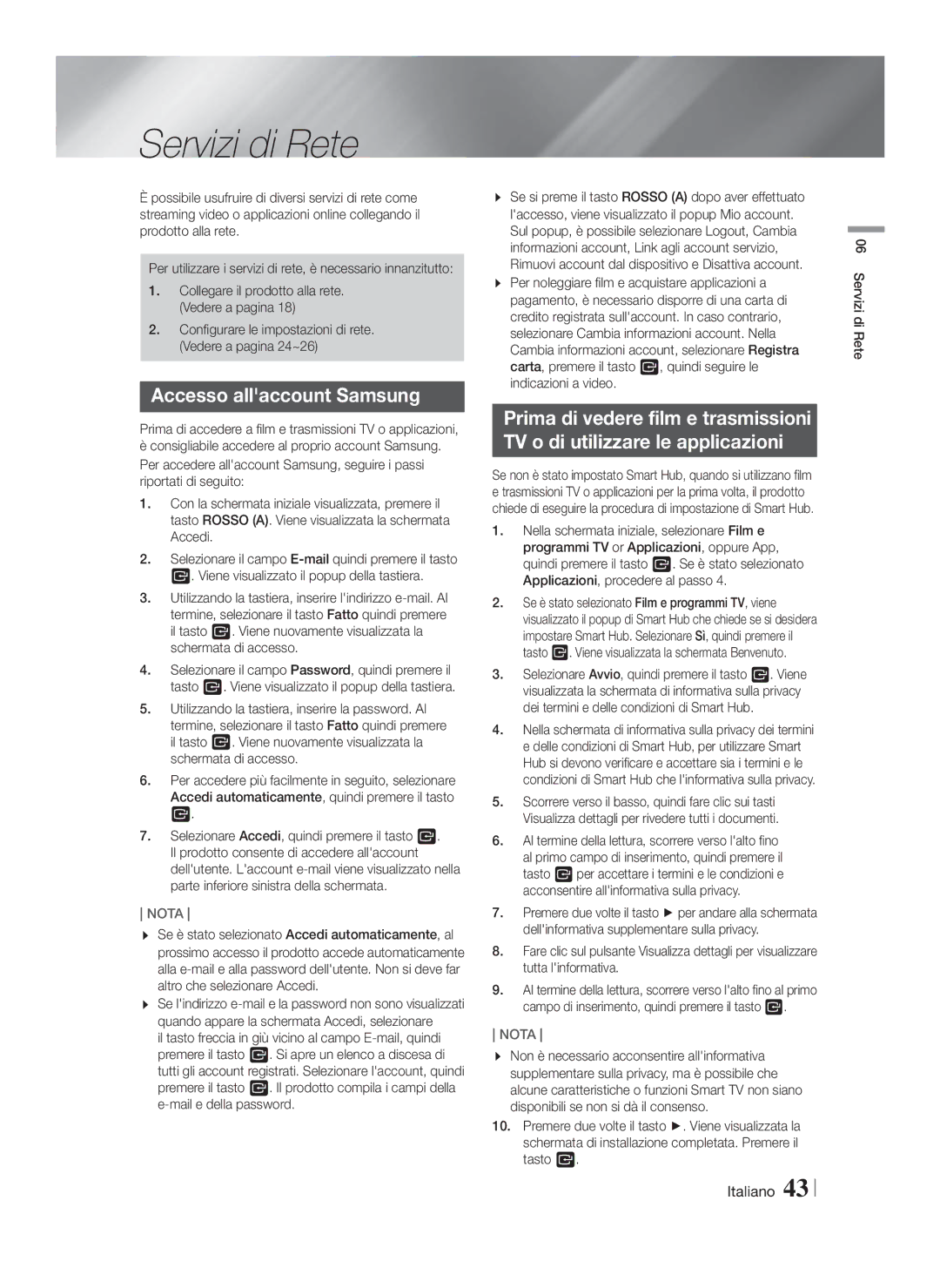 Samsung HT-F5500/ZF, HT-F5550/ZF, HT-F5530/ZF manual Servizi di Rete, Accesso allaccount Samsung 