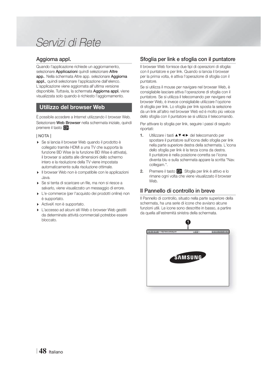 Samsung HT-F5550/ZF, HT-F5500/ZF manual Aggiorna appl, Utilizzo del browser Web, Sfoglia per link e sfoglia con il puntatore 