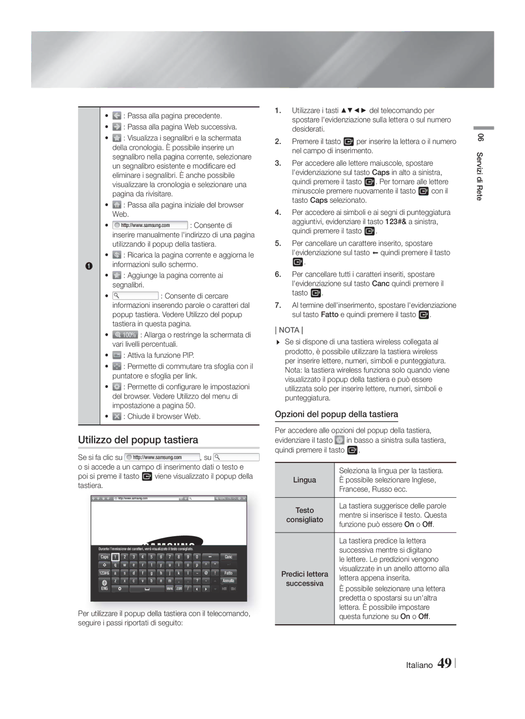 Samsung HT-F5500/ZF, HT-F5550/ZF, HT-F5530/ZF manual Utilizzo del popup tastiera, Opzioni del popup della tastiera 