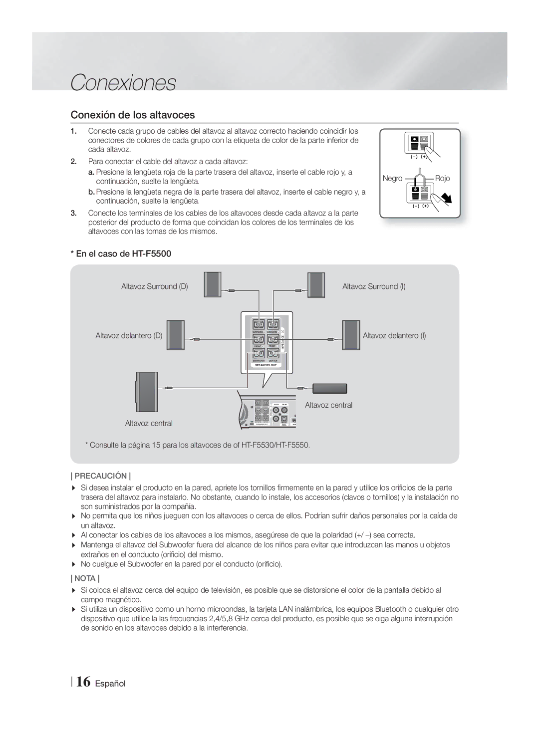 Samsung HT-F5500/ZF, HT-F5550/ZF, HT-F5530/ZF manual Conexión de los altavoces, En el caso de HT-F5500 