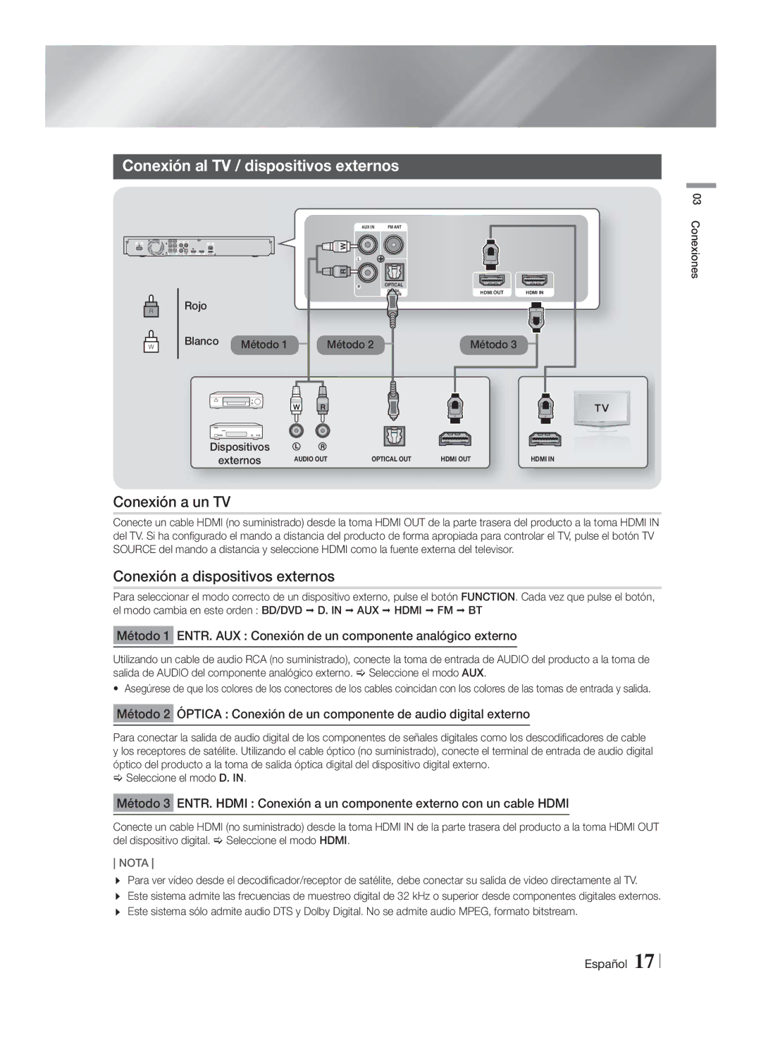 Samsung HT-F5530/ZF manual Conexión al TV / dispositivos externos, Conexión a un TV, Conexión a dispositivos externos 