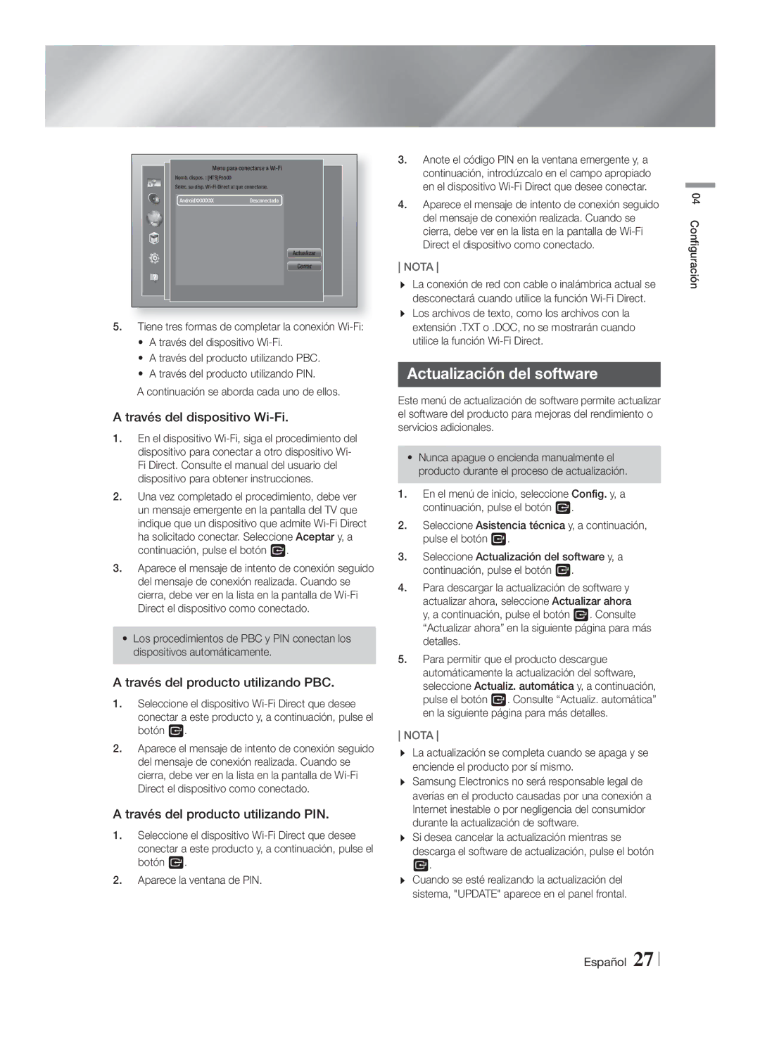 Samsung HT-F5550/ZF manual Actualización del software, Través del dispositivo Wi-Fi, Través del producto utilizando PBC 