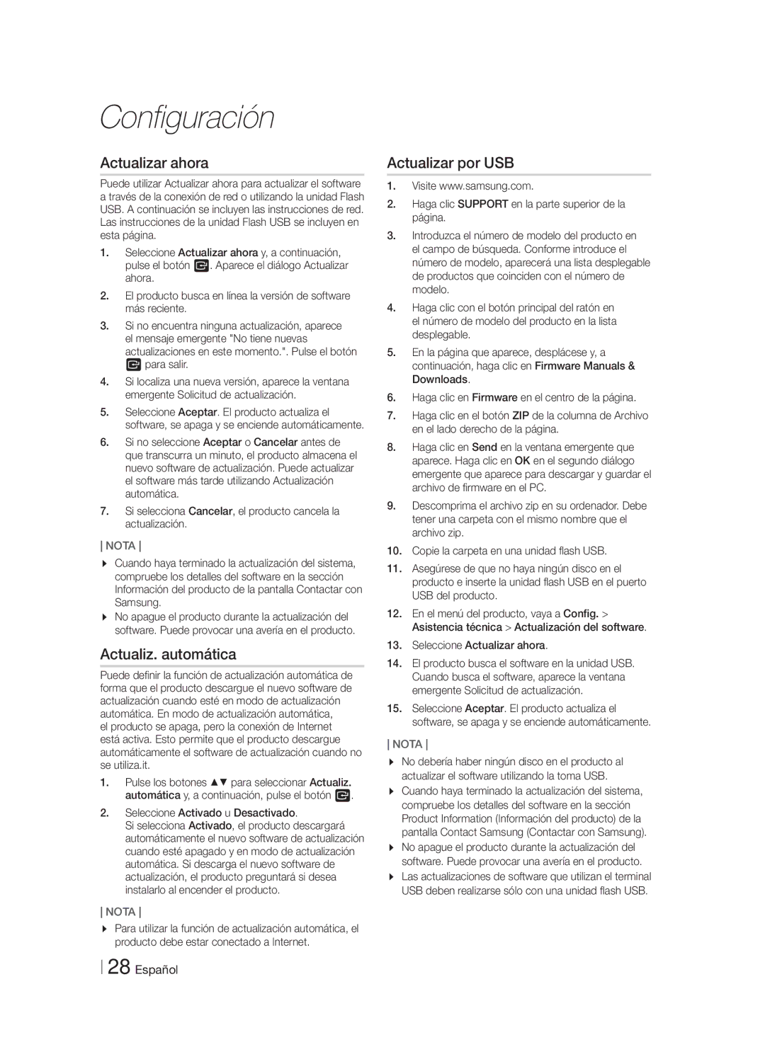 Samsung HT-F5500/ZF manual Actualizar ahora, Actualiz. automática, Actualizar por USB, Seleccione Activado u Desactivado 