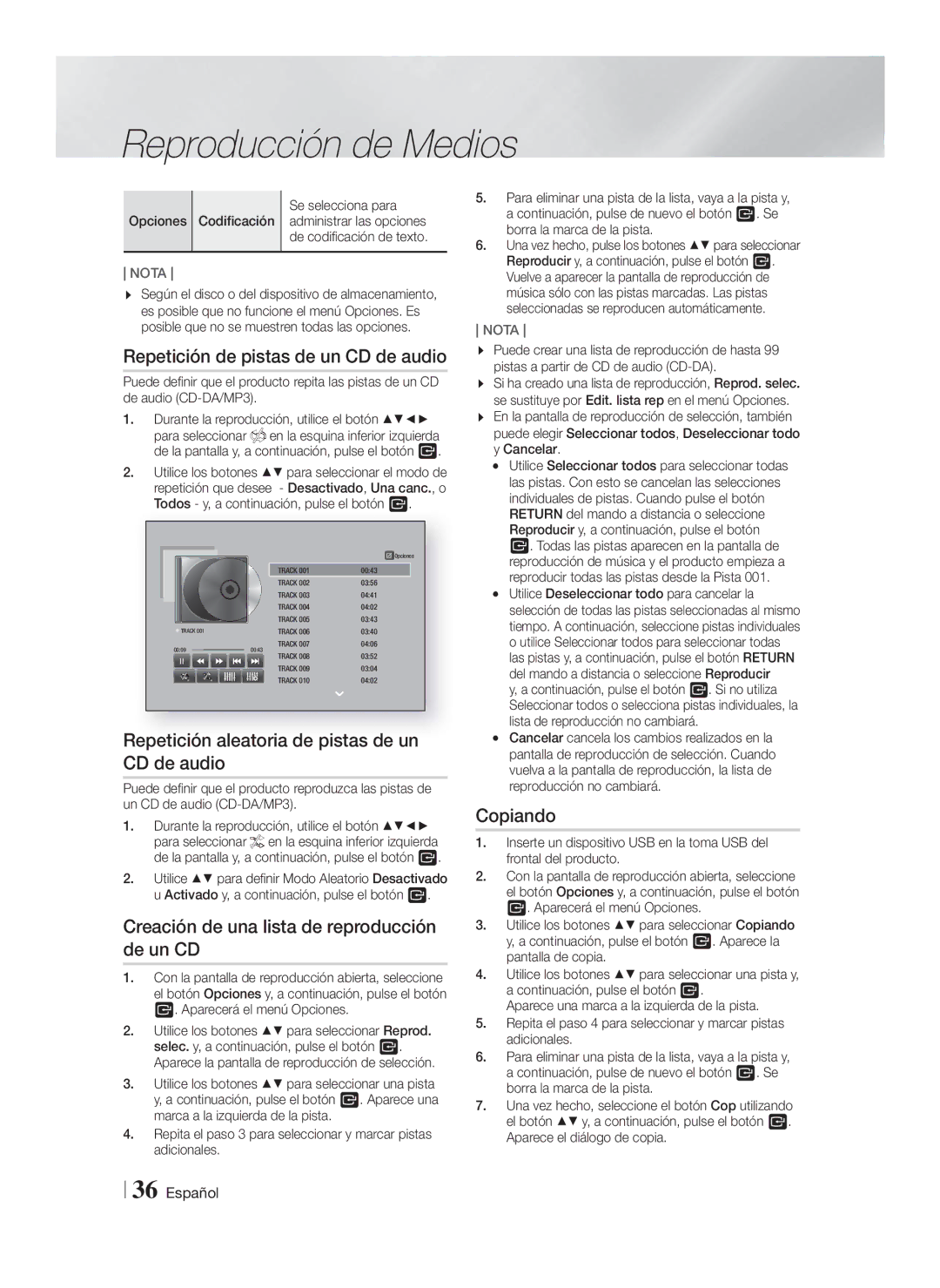 Samsung HT-F5550/ZF Repetición de pistas de un CD de audio, Repetición aleatoria de pistas de un CD de audio, Copiando 