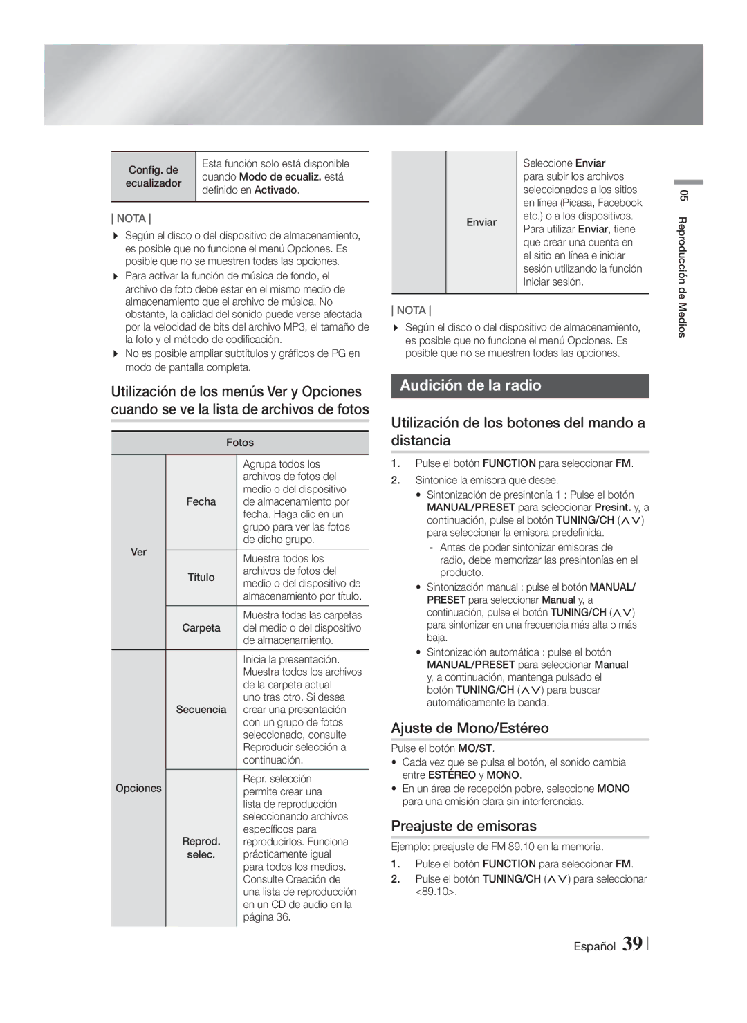 Samsung HT-F5550/ZF manual Audición de la radio, Utilización de los botones del mando a distancia, Ajuste de Mono/Estéreo 