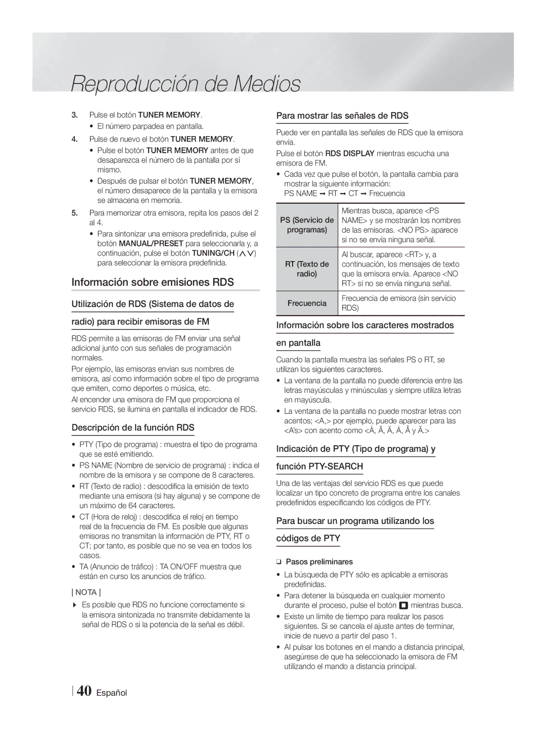 Samsung HT-F5500/ZF, HT-F5550/ZF, HT-F5530/ZF manual Información sobre emisiones RDS 