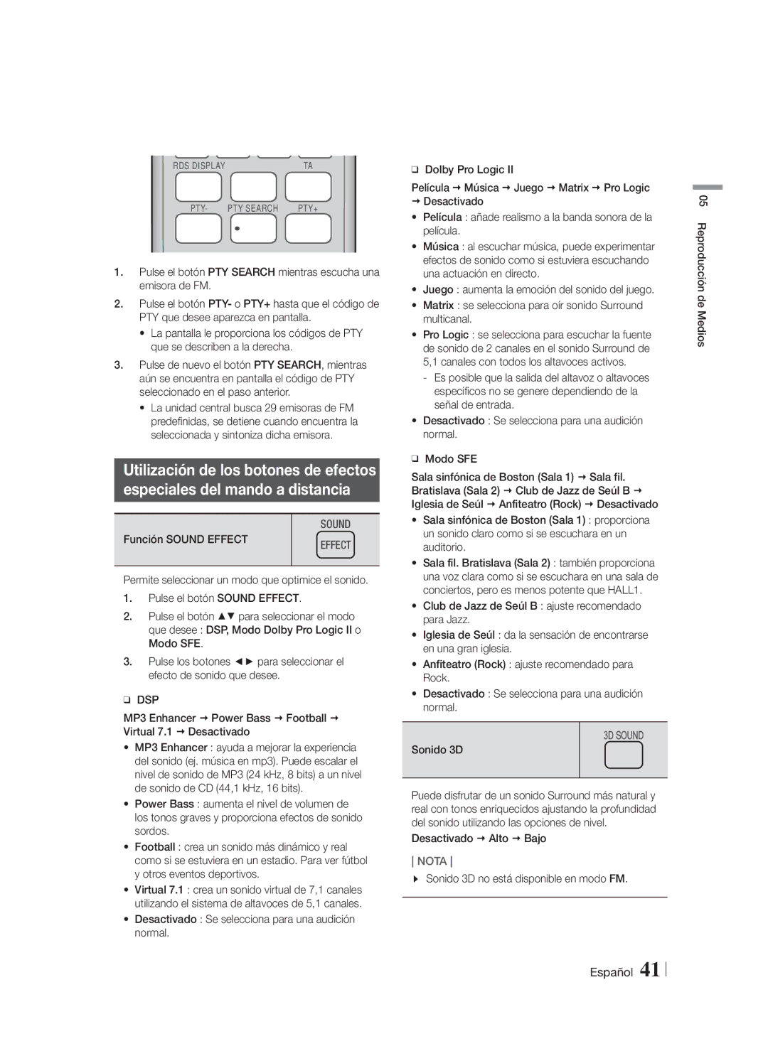 Samsung HT-F5530/ZF, HT-F5550/ZF, HT-F5500/ZF manual Función Sound Effect, Desactivado  Alto  Bajo 