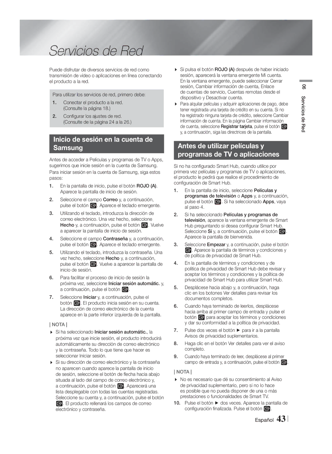 Samsung HT-F5500/ZF, HT-F5550/ZF, HT-F5530/ZF manual Servicios de Red, Inicio de sesión en la cuenta de Samsung 