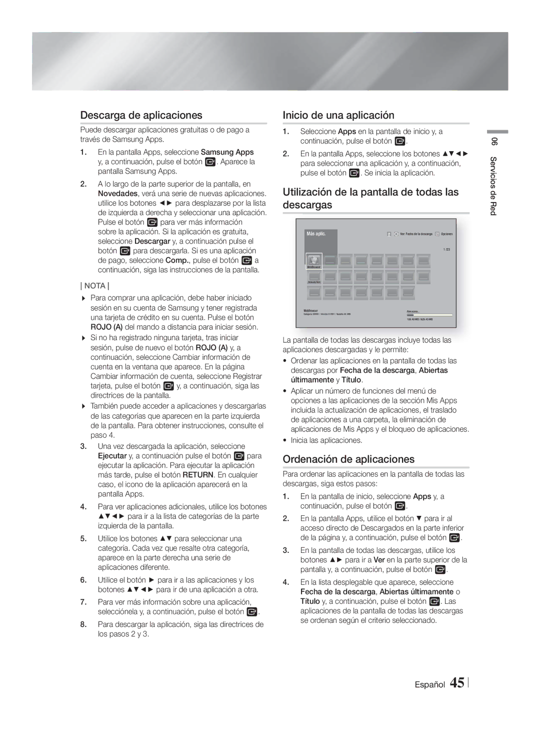 Samsung HT-F5550/ZF Descarga de aplicaciones, Inicio de una aplicación, Utilización de la pantalla de todas las descargas 