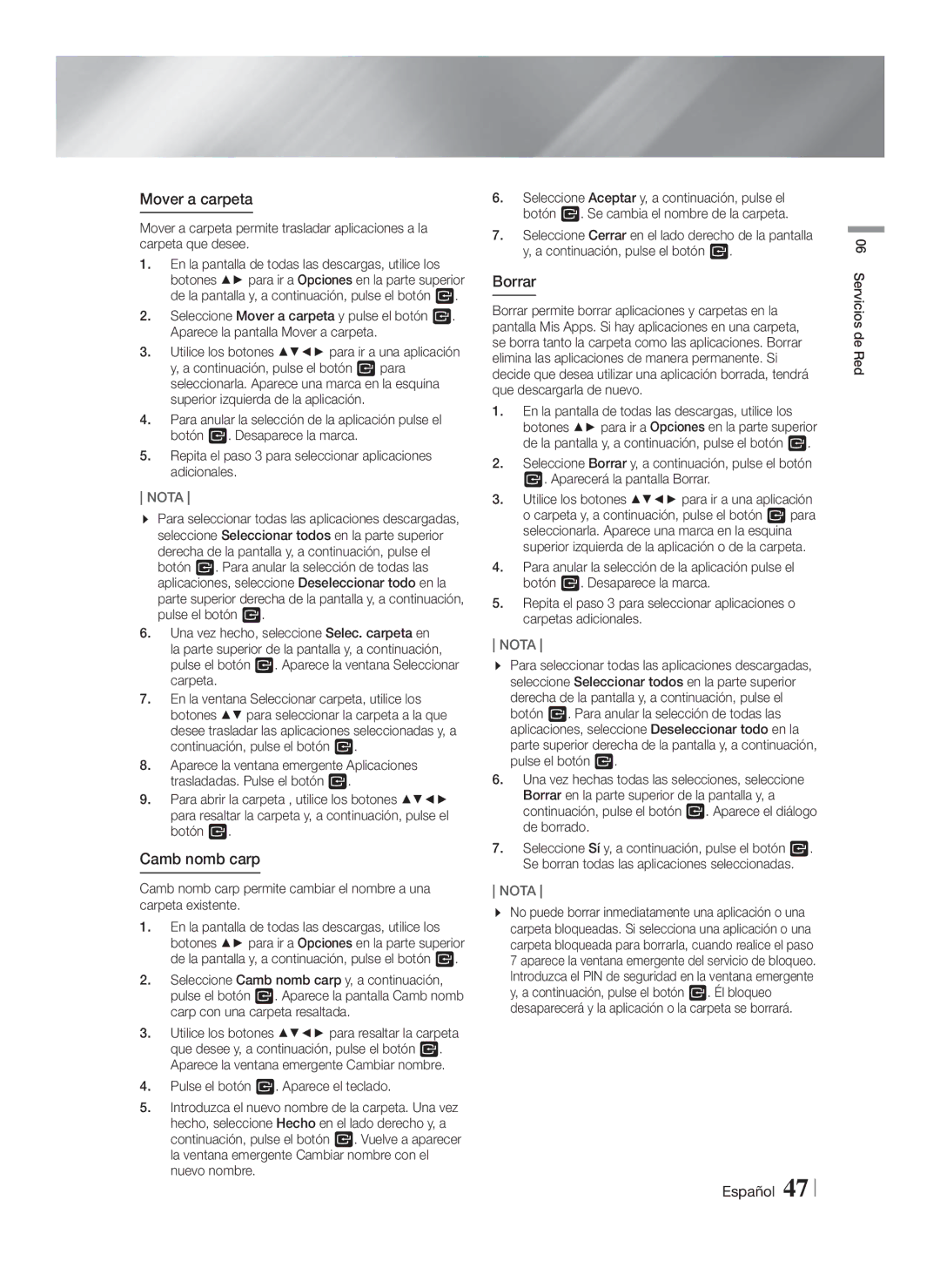 Samsung HT-F5530/ZF, HT-F5550/ZF, HT-F5500/ZF manual Mover a carpeta, Camb nomb carp, Borrar 