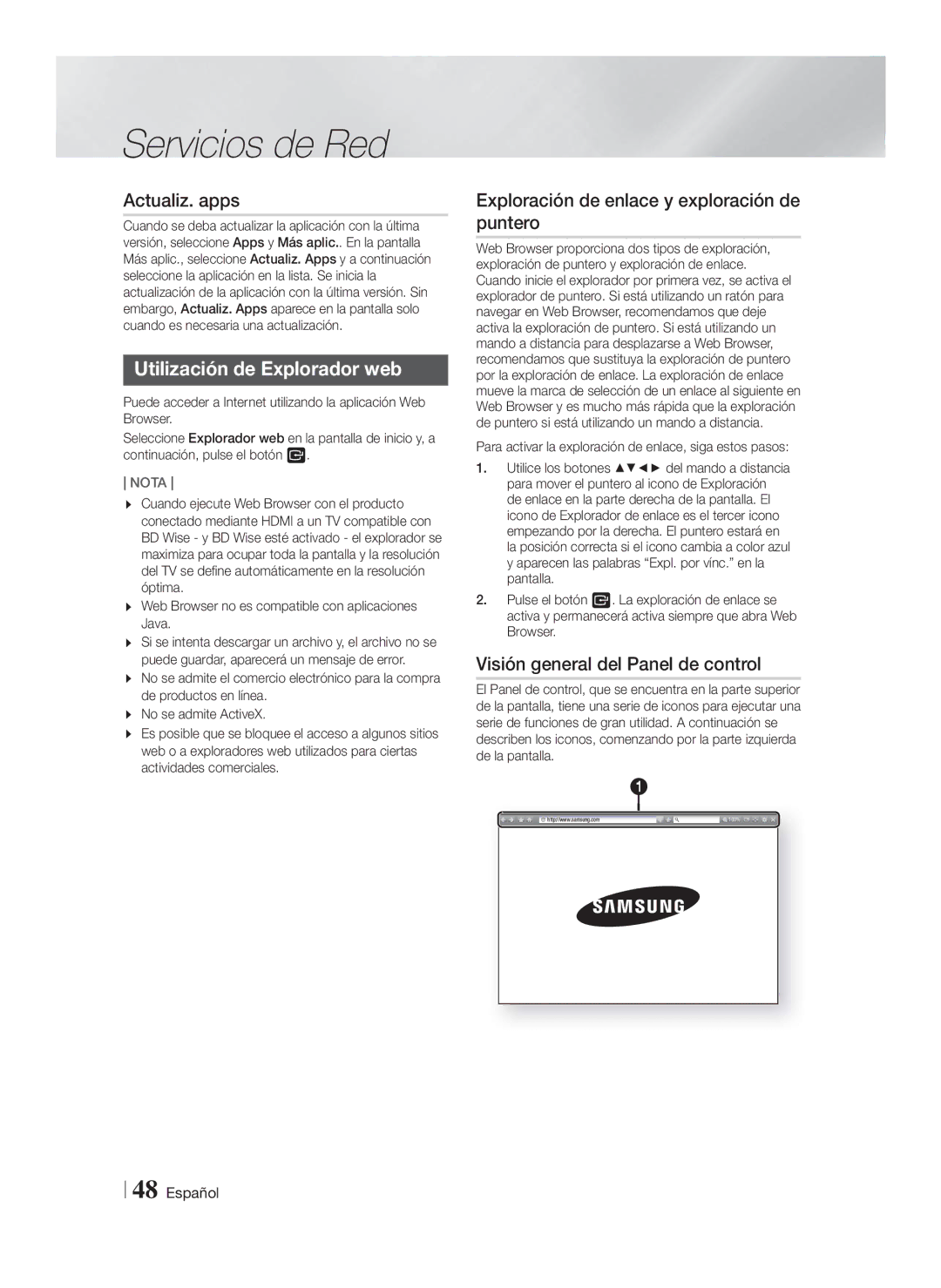 Samsung HT-F5550/ZF manual Actualiz. apps, Utilización de Explorador web, Exploración de enlace y exploración de puntero 