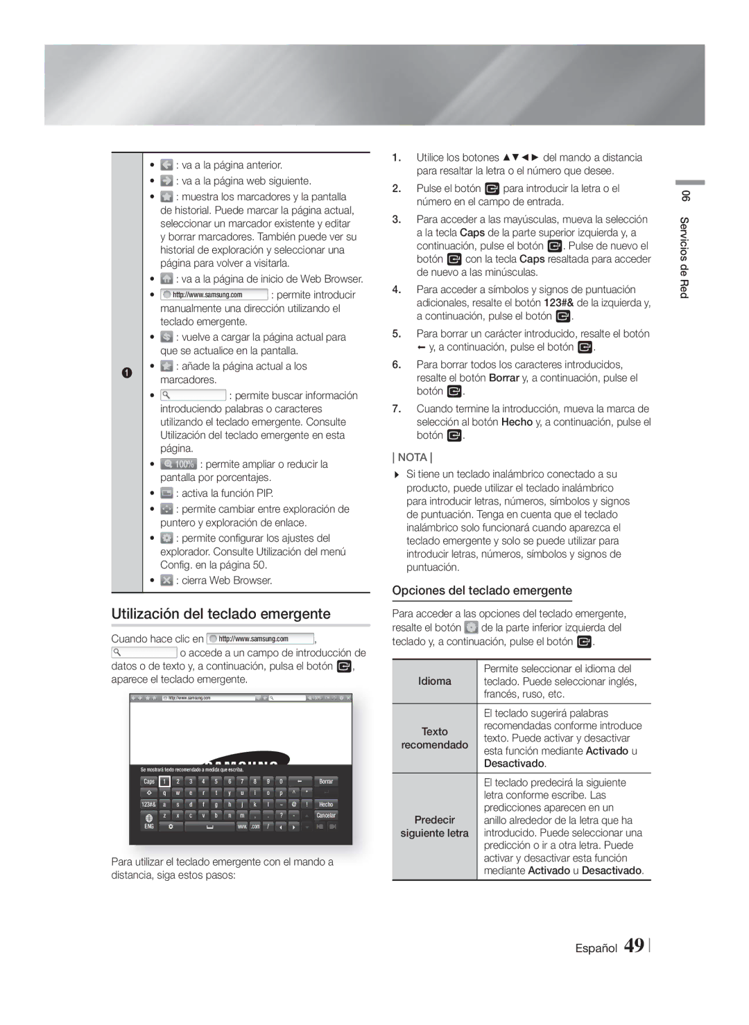 Samsung HT-F5500/ZF, HT-F5550/ZF, HT-F5530/ZF manual Utilización del teclado emergente, Opciones del teclado emergente 