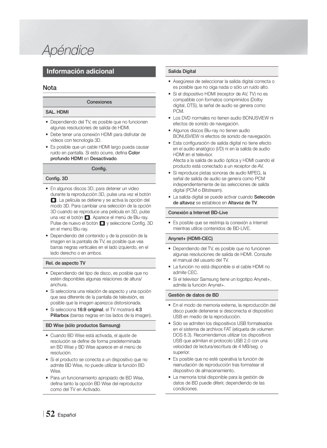 Samsung HT-F5500/ZF, HT-F5550/ZF, HT-F5530/ZF manual Apéndice, Información adicional, SAL. Hdmi, Conexión a Internet BD-Live 