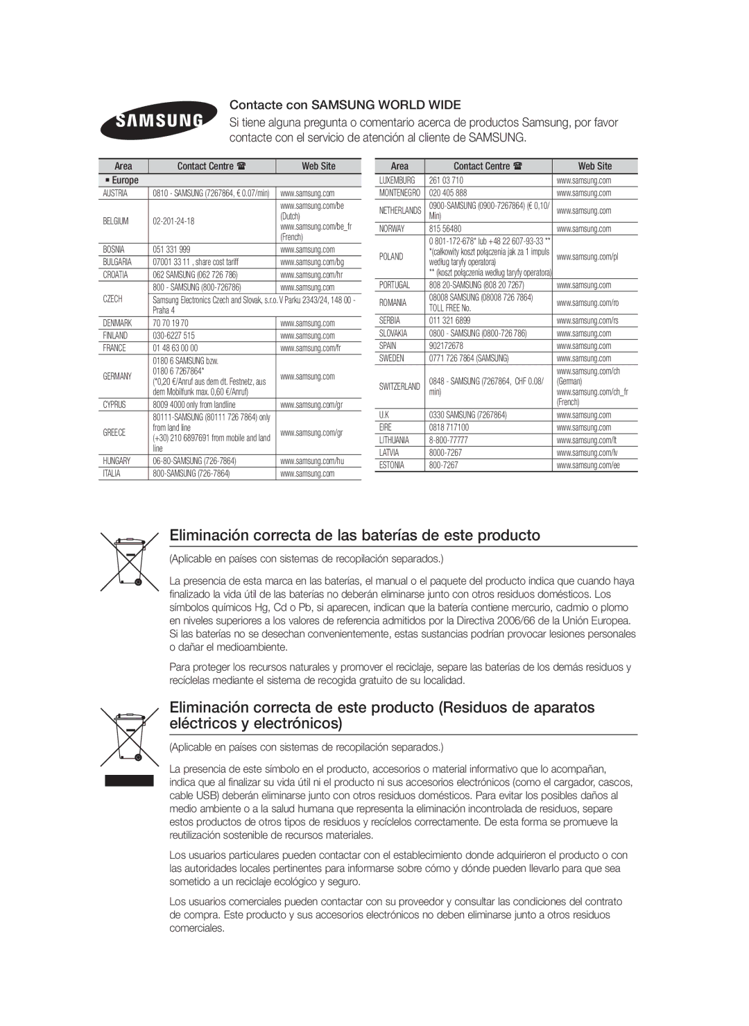 Samsung HT-F5550/ZF, HT-F5500/ZF Eliminación correcta de las baterías de este producto, Contacte con Samsung World Wide 