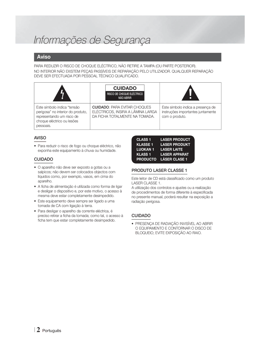 Samsung HT-F5530/ZF, HT-F5550/ZF, HT-F5500/ZF Informações de Segurança, Aviso, Cuidado Para Evitar Choques, Laser Classe 