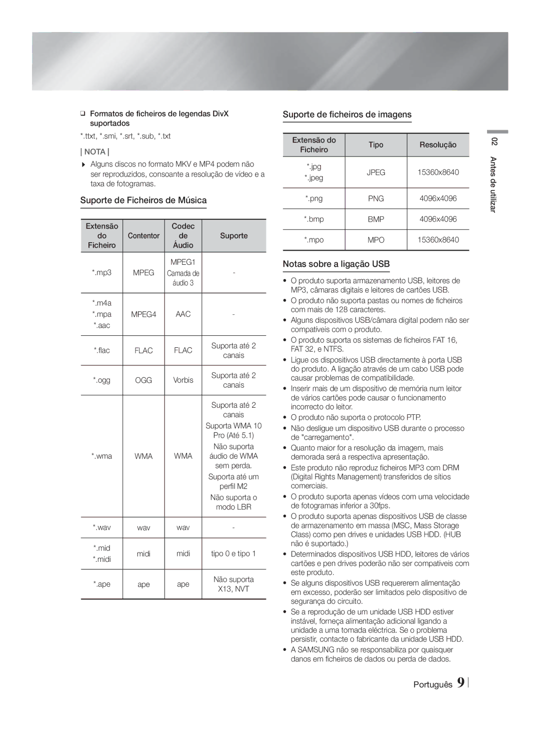 Samsung HT-F5550/ZF manual Suporte de Ficheiros de Música, Suporte de ficheiros de imagens, Notas sobre a ligação USB 