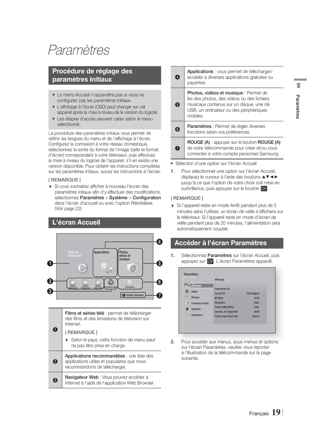 Samsung HT-F5500/ZF manual Procédure de réglage des Paramètres initiaux, Lécran Accueil, Accéder à lécran Paramètres 