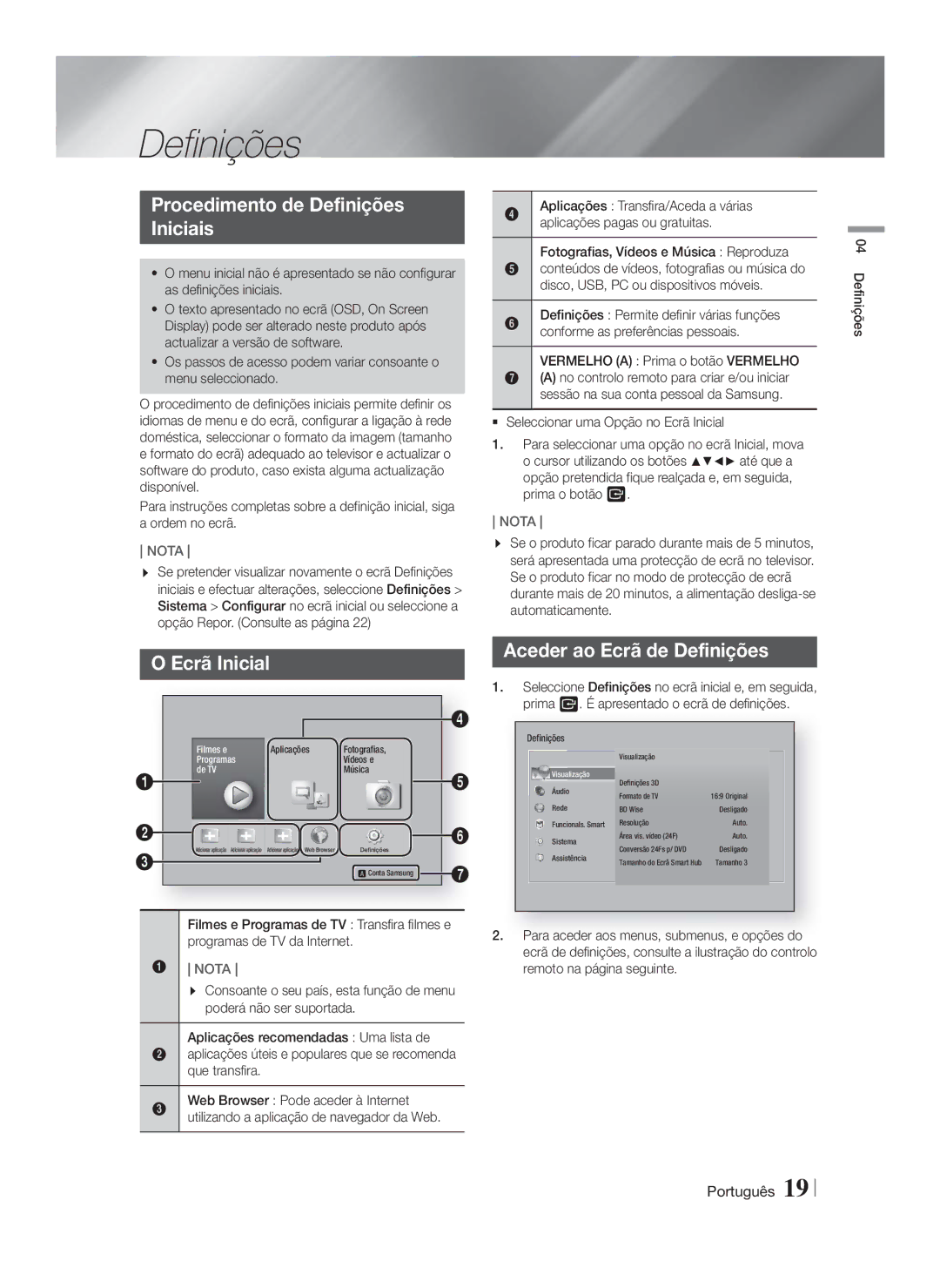 Samsung HT-F5500/ZF, HT-F5550/ZF manual Procedimento de Definições Iniciais, Ecrã Inicial, Aceder ao Ecrã de Definições 