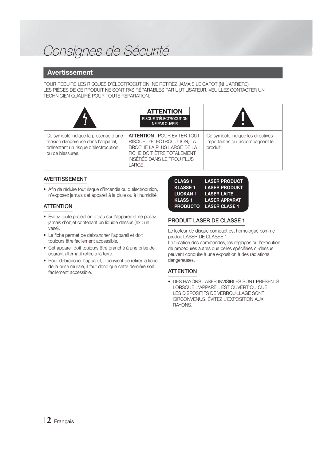 Samsung HT-F5530/ZF, HT-F5550/ZF, HT-F5500/ZF manual Consignes de Sécurité, Avertissement, Risque D’ÉLECTROCUTION, LA 