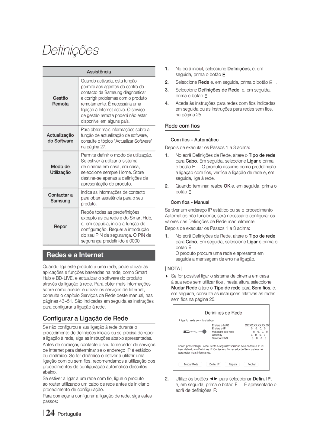 Samsung HT-F5550/ZF, HT-F5500/ZF, HT-F5530/ZF manual Redes e a Internet, Configurar a Ligação de Rede, Rede com fios 