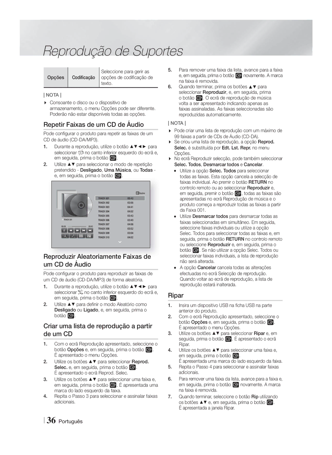 Samsung HT-F5550/ZF manual Repetir Faixas de um CD de Áudio, Reproduzir Aleatoriamente Faixas de um CD de Áudio, Ripar 