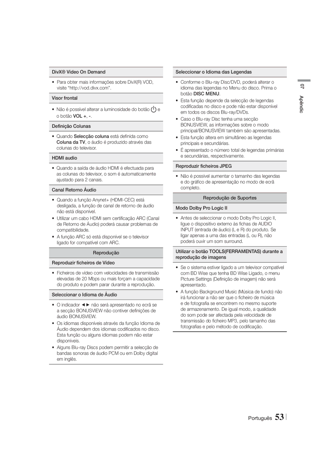 Samsung HT-F5530/ZF, HT-F5550/ZF, HT-F5500/ZF manual 07 Apêndic 