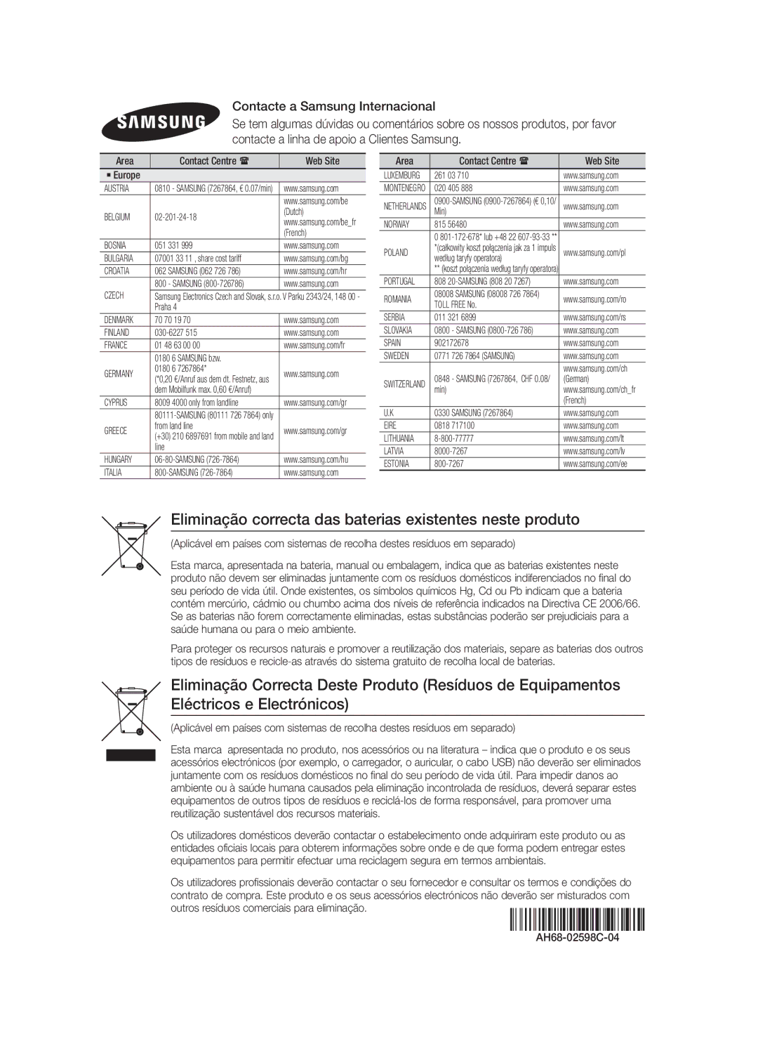 Samsung HT-F5550/ZF Eliminação correcta das baterias existentes neste produto, Area Contact Centre  Web Site ` Europe 