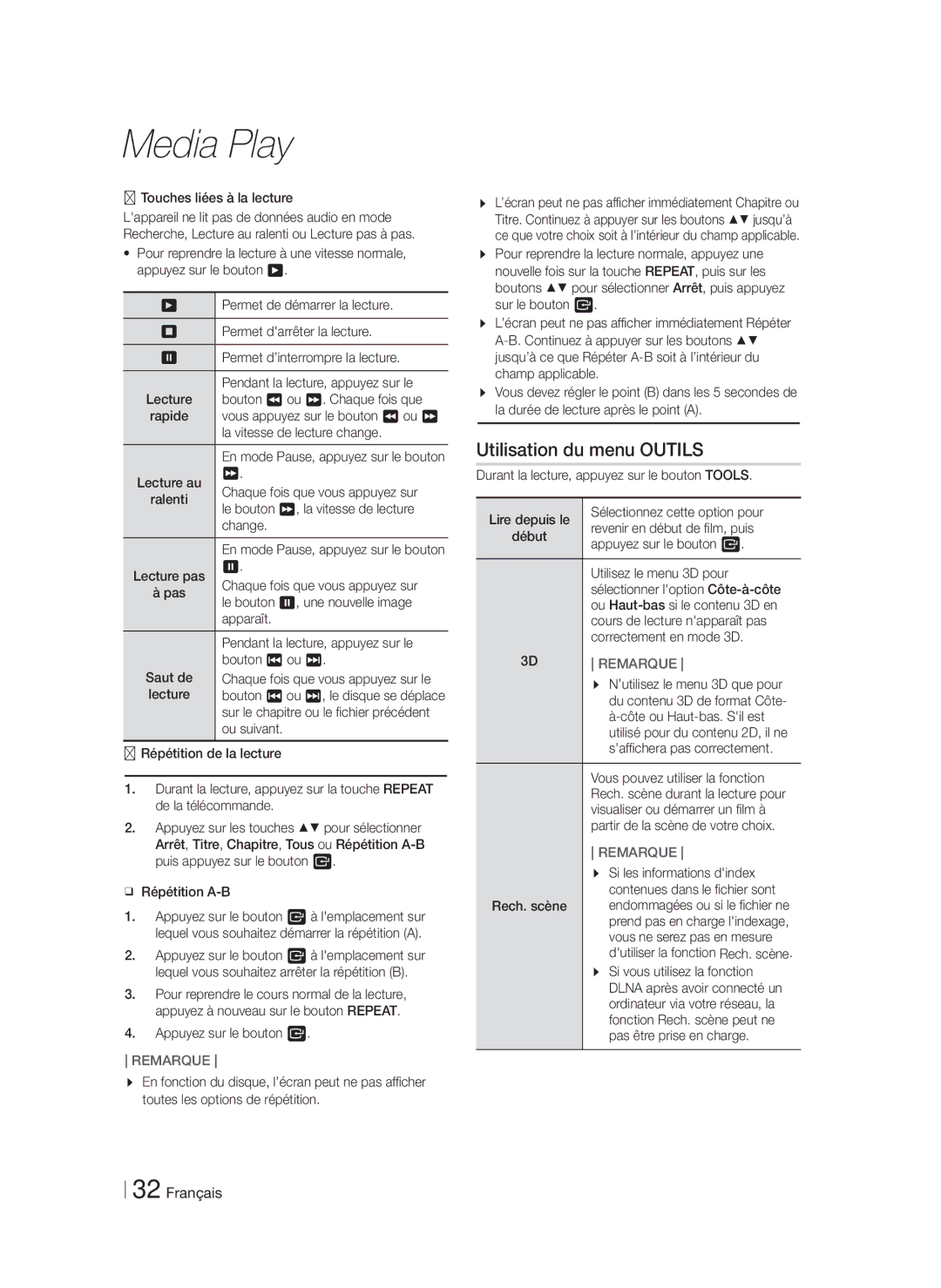 Samsung HT-F5530/ZF, HT-F5550/ZF, HT-F5500/ZF manual Utilisation du menu Outils 