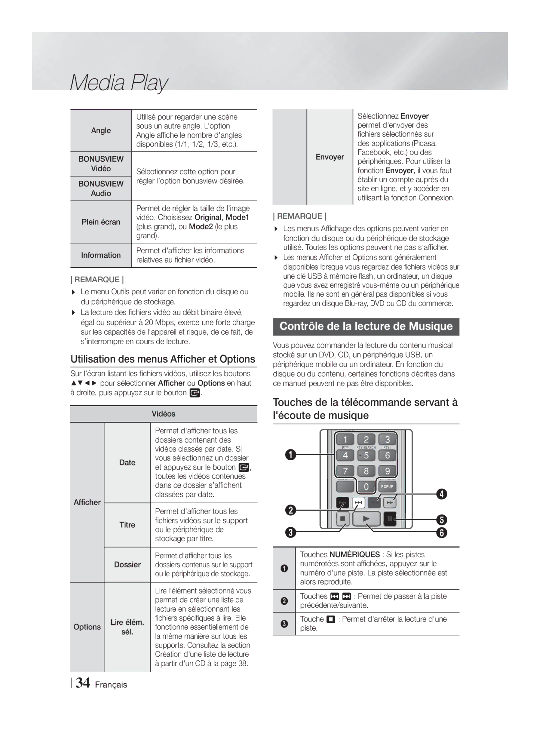 Samsung HT-F5500/ZF, HT-F5550/ZF, HT-F5530/ZF Utilisation des menus Afficher et Options, Contrôle de la lecture de Musique 