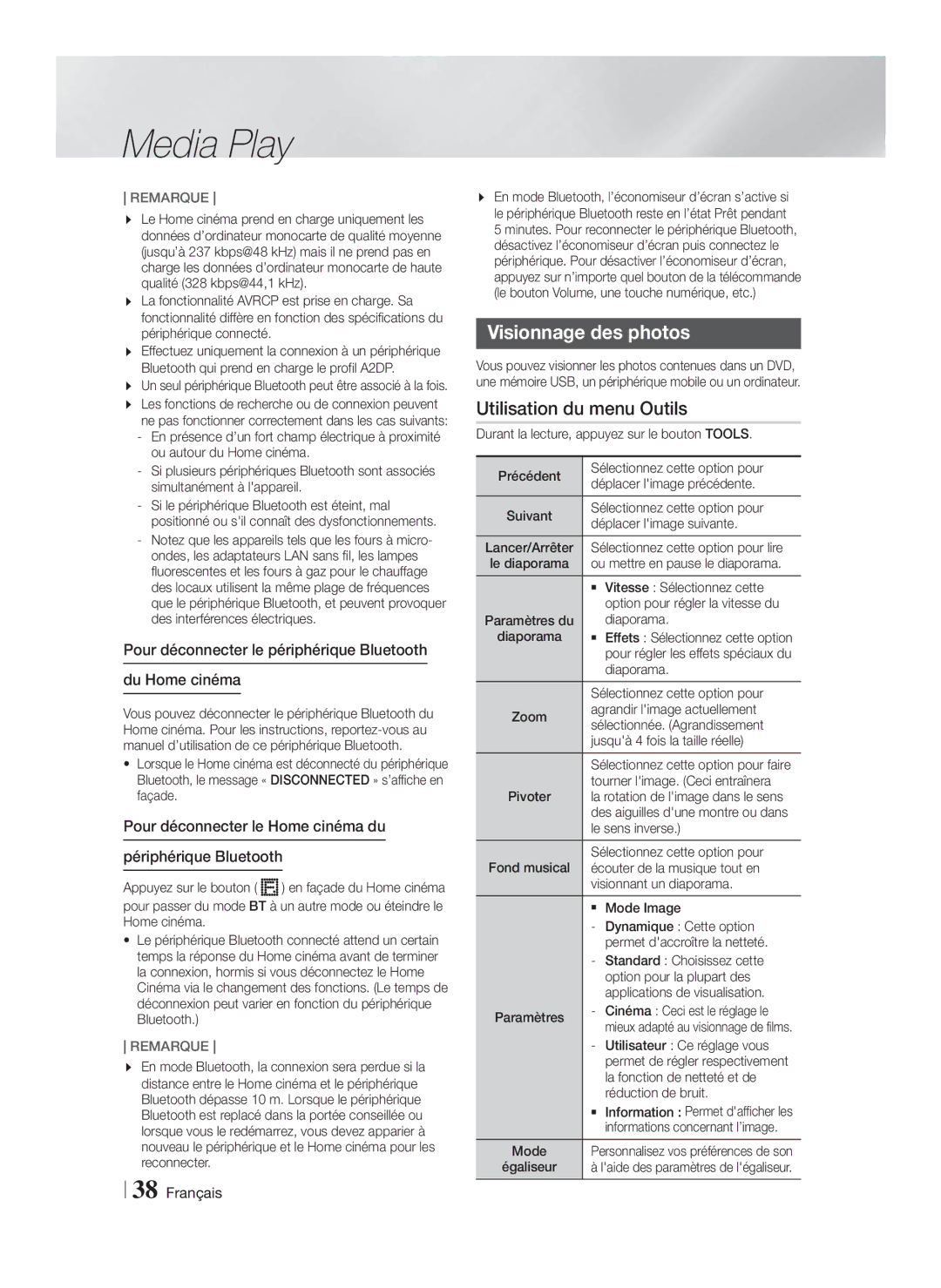 Samsung HT-F5530/ZF, HT-F5550/ZF manual Visionnage des photos, Pour déconnecter le périphérique Bluetooth Du Home cinéma 