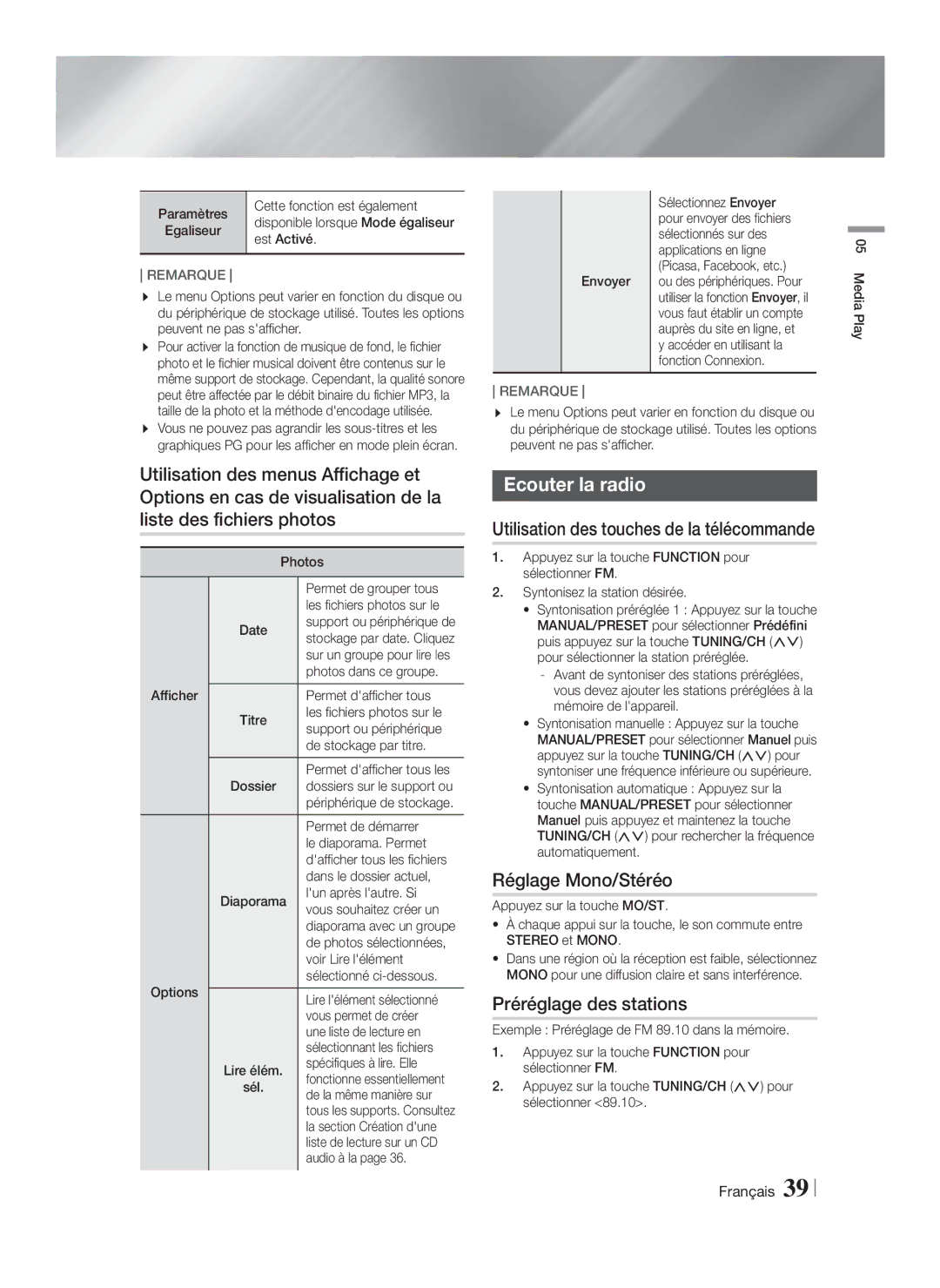 Samsung HT-F5550/ZF, HT-F5500/ZF, HT-F5530/ZF manual Ecouter la radio, Réglage Mono/Stéréo, Préréglage des stations 