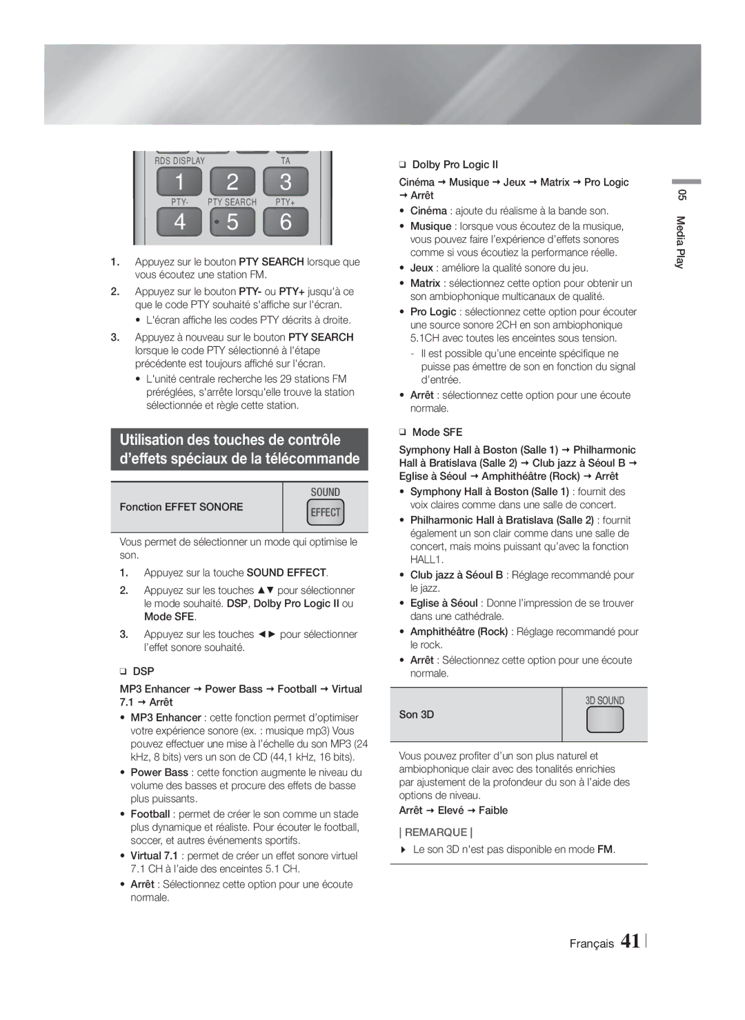 Samsung HT-F5530/ZF, HT-F5550/ZF Utilisation des touches de contrôle, Lécran affiche les codes PTY décrits à droite, Dsp 