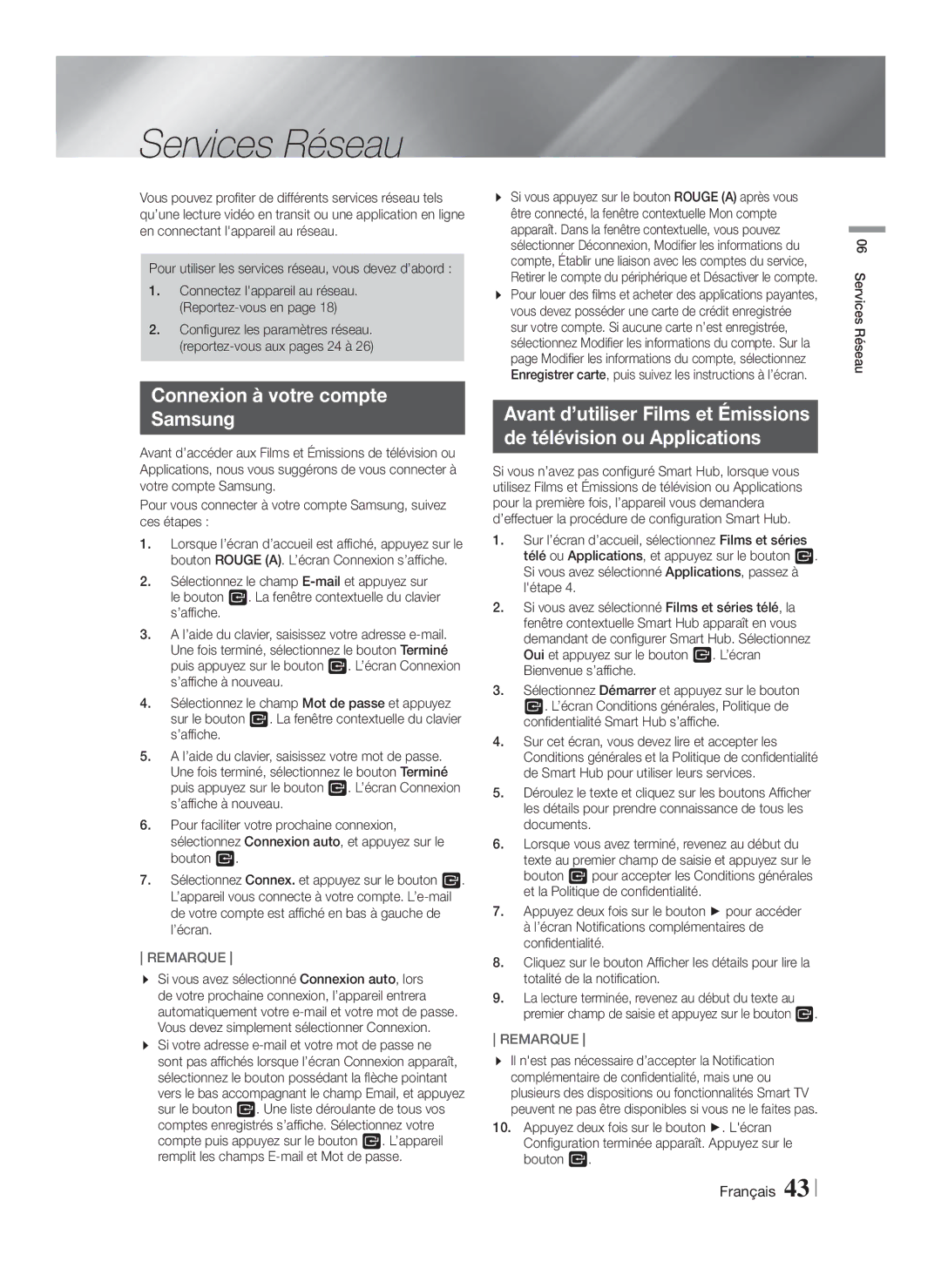 Samsung HT-F5500/ZF, HT-F5550/ZF, HT-F5530/ZF manual Services Réseau, Connexion à votre compte Samsung 