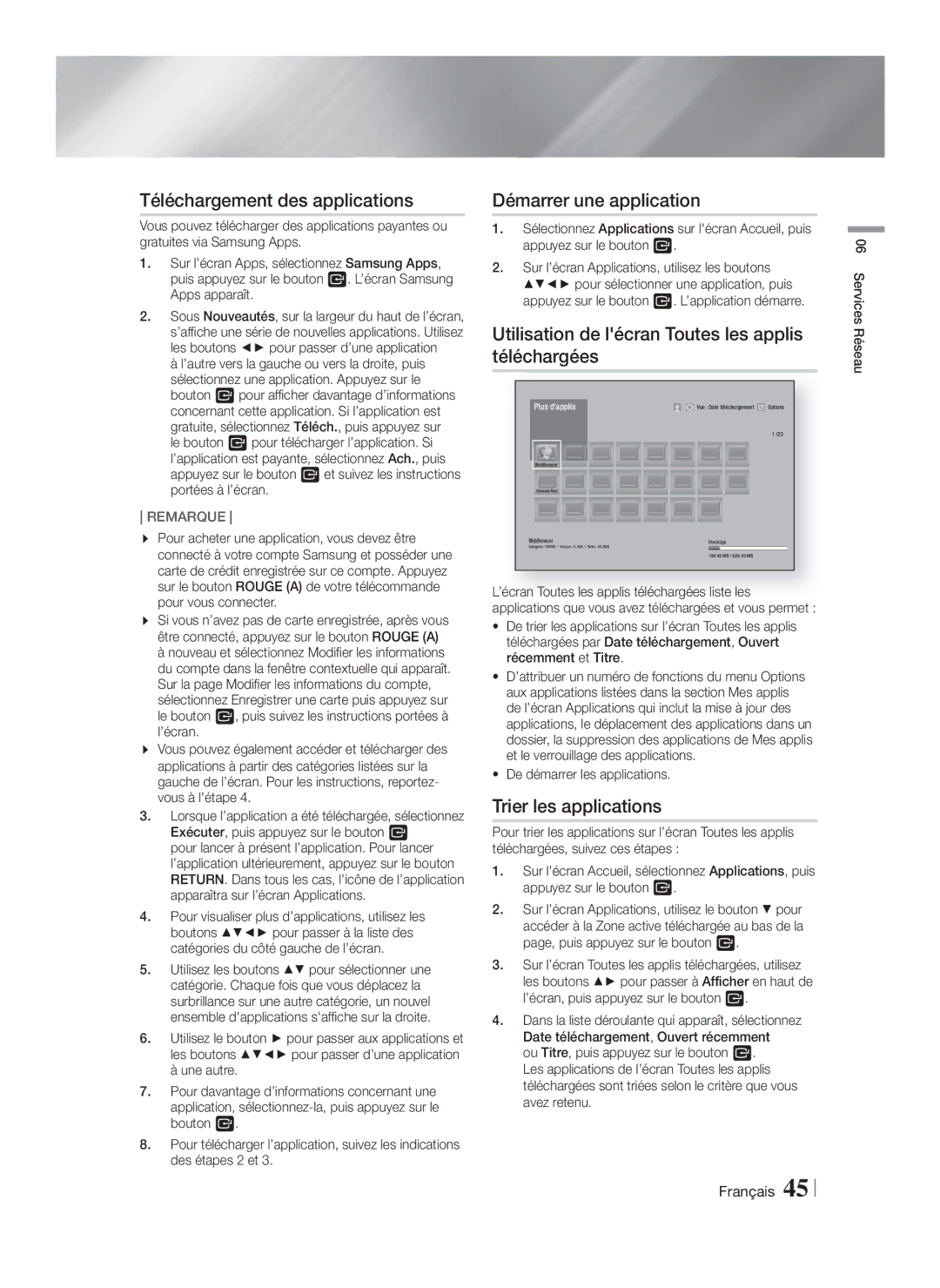 Samsung HT-F5550/ZF, HT-F5500/ZF manual Téléchargement des applications, Démarrer une application, Trier les applications 