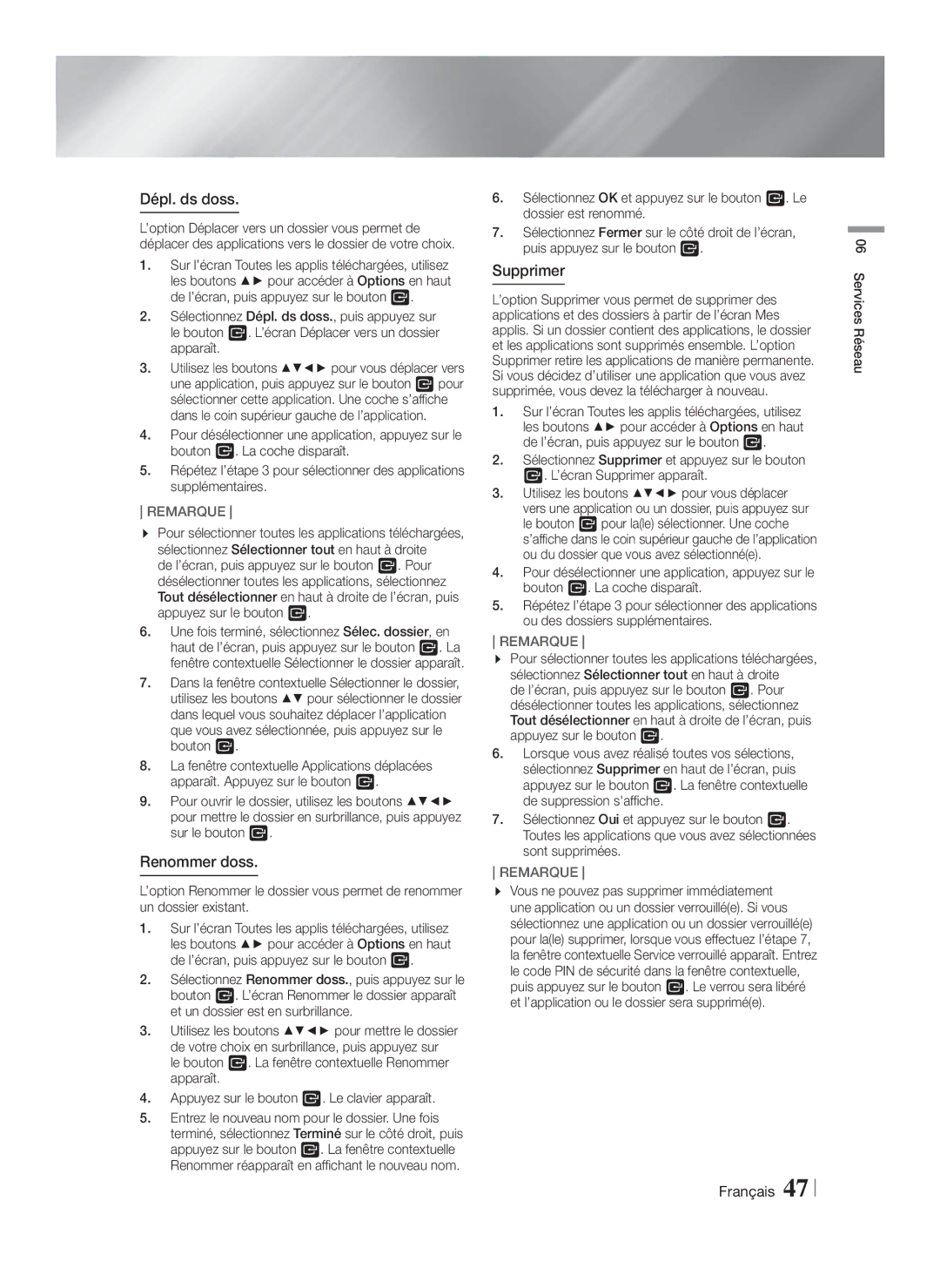 Samsung HT-F5530/ZF, HT-F5550/ZF, HT-F5500/ZF manual Dépl. ds doss, Renommer doss, Supprimer 