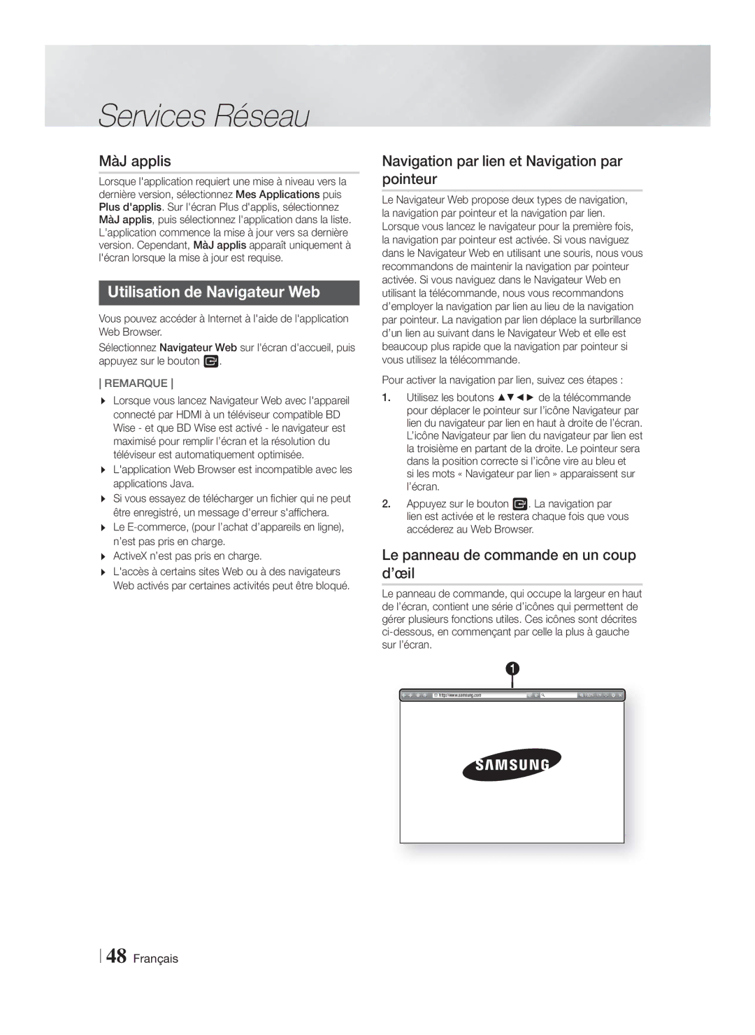 Samsung HT-F5550/ZF, HT-F5500/ZF MàJ applis, Utilisation de Navigateur Web, Navigation par lien et Navigation par pointeur 